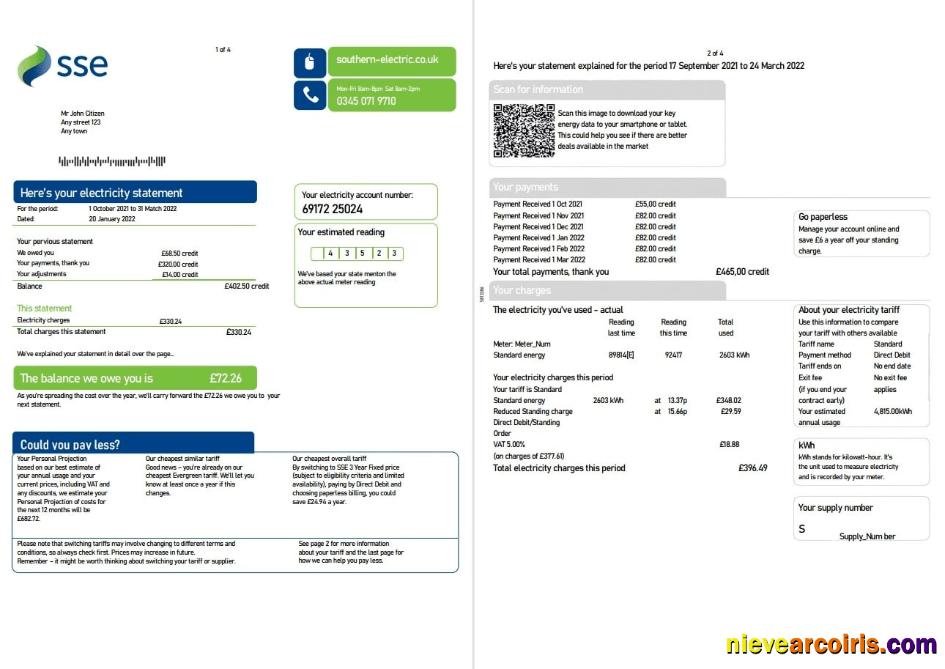 United Kingdom SSE Energy utility bill, 4 pages 1 2